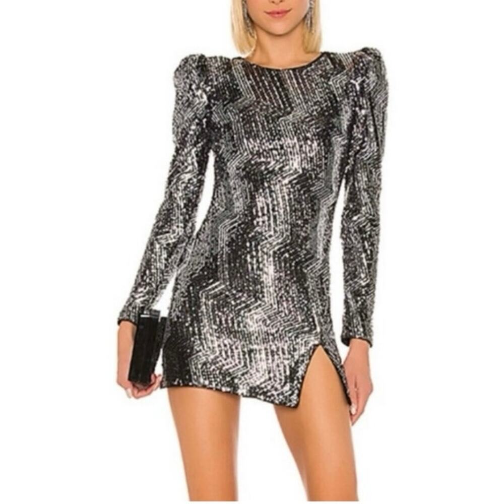 Revolve X Michael Costello Leanne sequin mini dress size S silver black - Picture 2 of 11